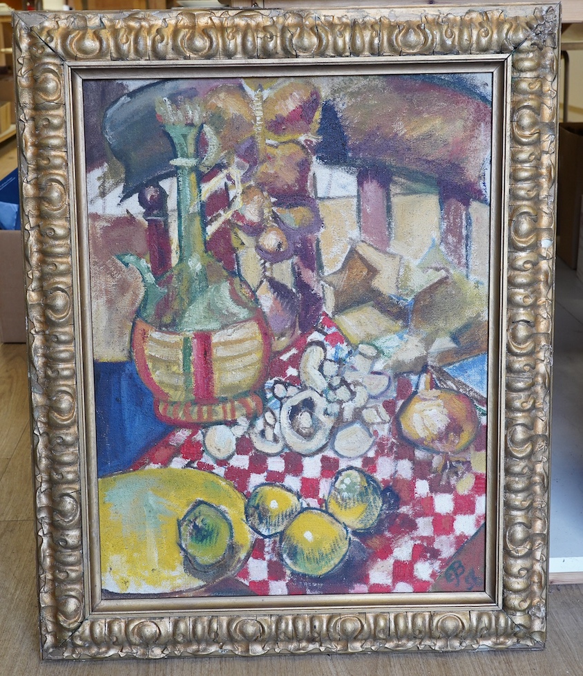 E.J.B., cubist style impasto oil on canvas, Still life, monogrammed and indistinctly dated possibly '50, 72 x 54cm, gilt framed. Condition - fair to good
